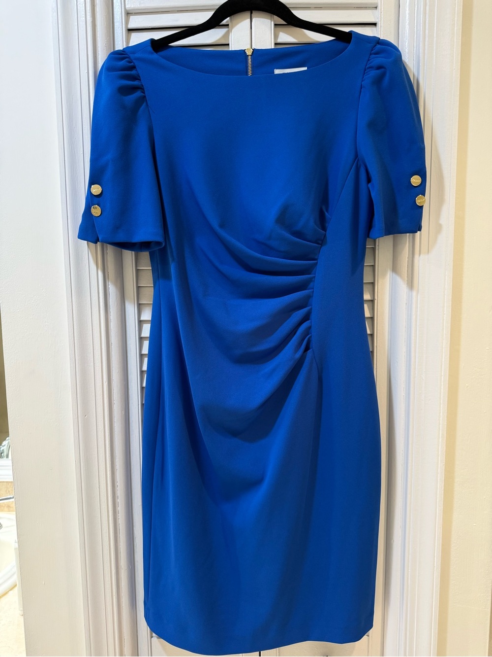 Super Cute DKNY Cobalt Blue Ruched Sheath Dress with Gold Buttons
